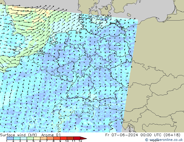 wiatr 10 m (bft) Arome 01 pt. 07.06.2024 00 UTC