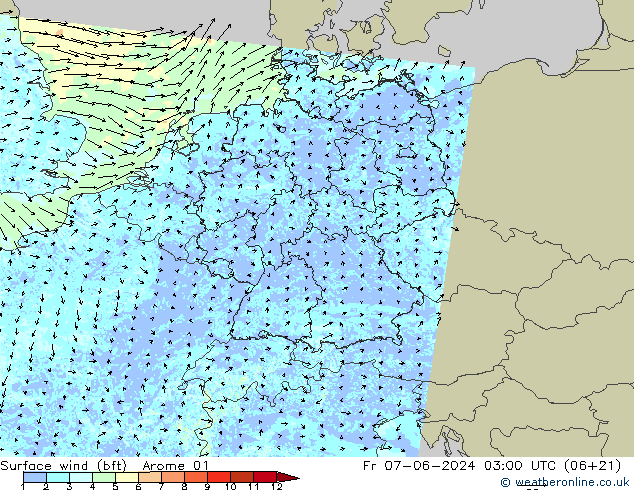 Surface wind (bft) Arome 01 Fr 07.06.2024 03 UTC