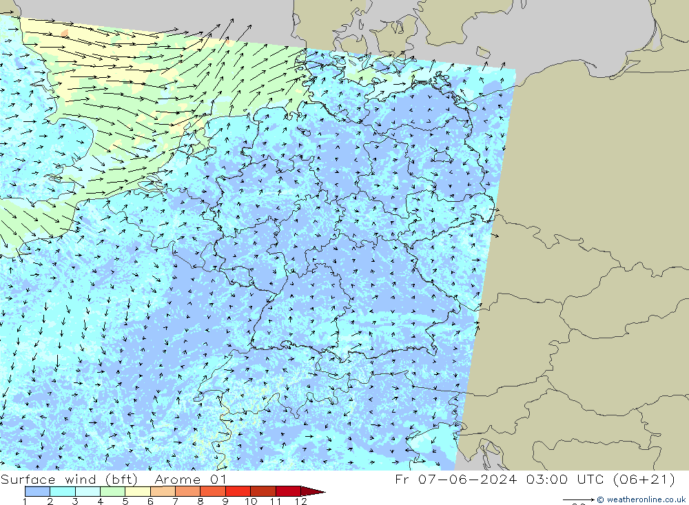 Wind 10 m (bft) Arome 01 vr 07.06.2024 03 UTC