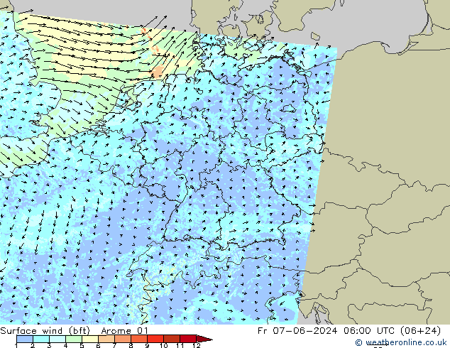 Surface wind (bft) Arome 01 Fr 07.06.2024 06 UTC