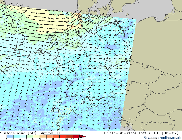 Surface wind (bft) Arome 01 Pá 07.06.2024 09 UTC