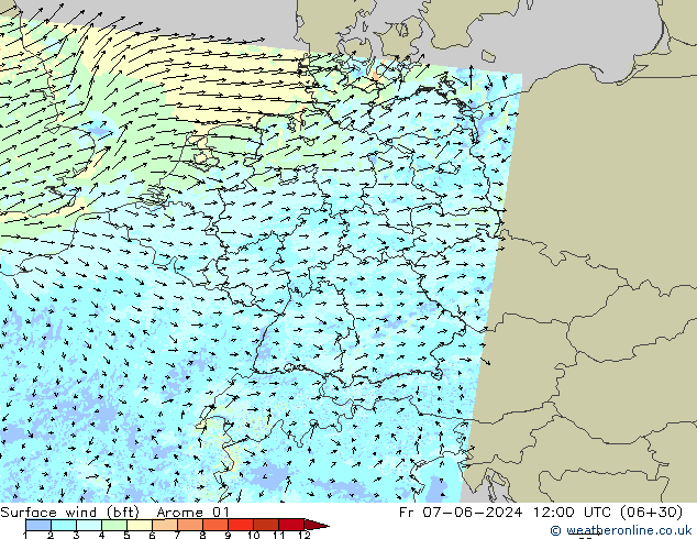 Surface wind (bft) Arome 01 Pá 07.06.2024 12 UTC