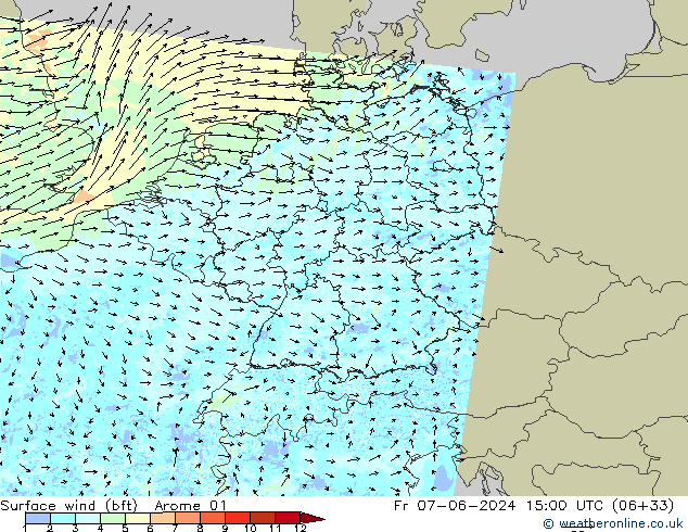 Rüzgar 10 m (bft) Arome 01 Cu 07.06.2024 15 UTC