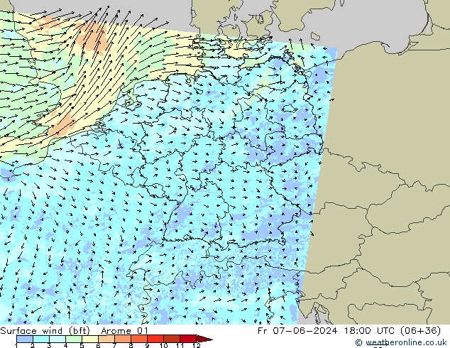 Vent 10 m (bft) Arome 01 ven 07.06.2024 18 UTC