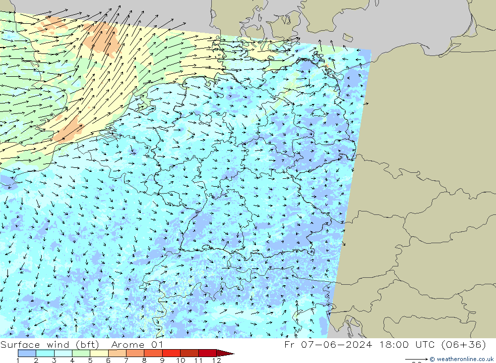 Bodenwind (bft) Arome 01 Fr 07.06.2024 18 UTC