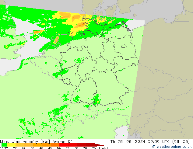 Max. wind velocity Arome 01 jeu 06.06.2024 09 UTC