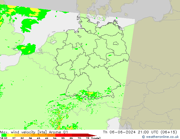 Max. wind velocity Arome 01 czw. 06.06.2024 21 UTC