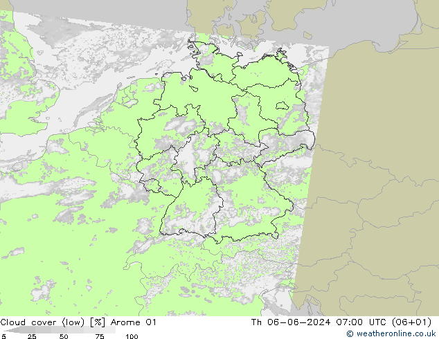 Bewolking (Laag) Arome 01 do 06.06.2024 07 UTC