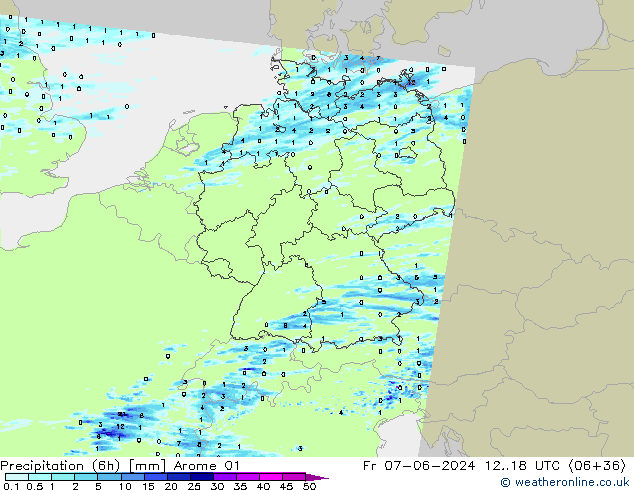 Precipitation (6h) Arome 01 Pá 07.06.2024 18 UTC