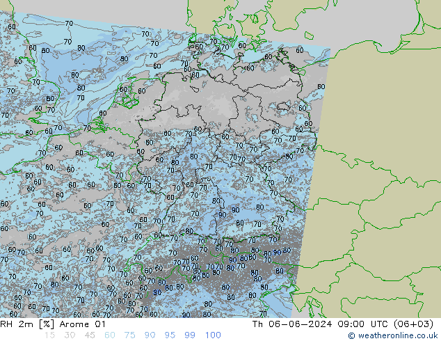 Humidité rel. 2m Arome 01 jeu 06.06.2024 09 UTC