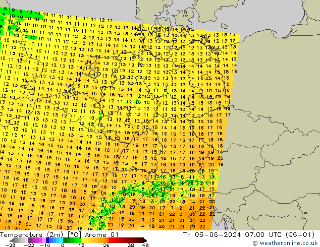 Temperatuurkaart (2m) Arome 01 do 06.06.2024 07 UTC