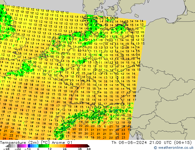 Temperatuurkaart (2m) Arome 01 do 06.06.2024 21 UTC