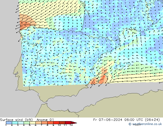 Surface wind (bft) Arome 01 Pá 07.06.2024 06 UTC