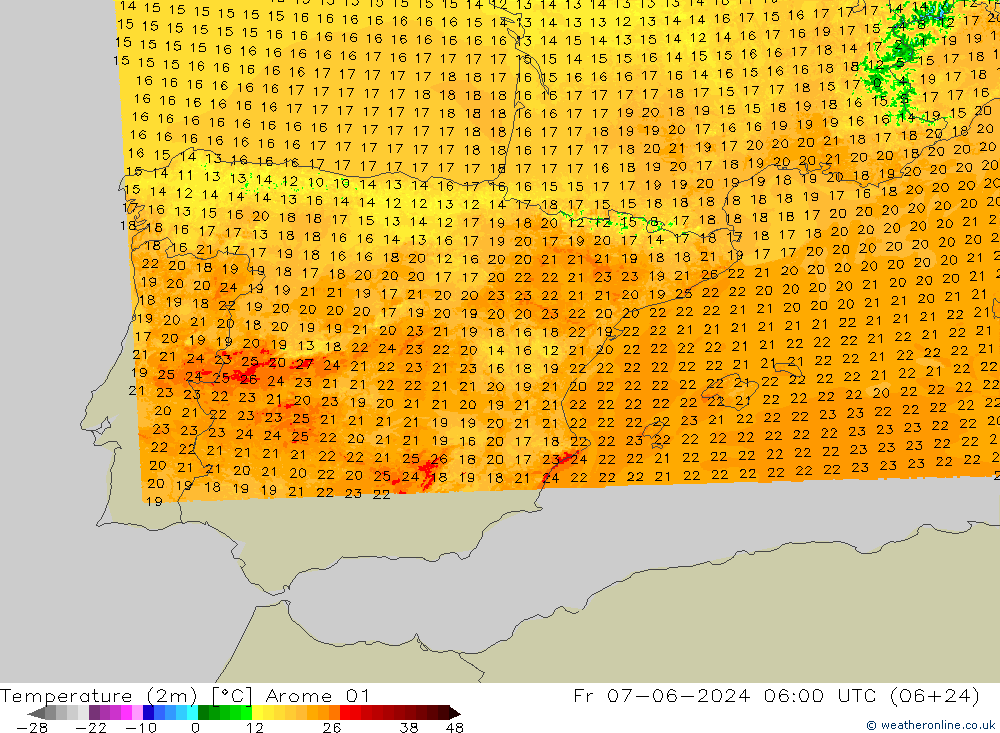 Temperature (2m) Arome 01 Fr 07.06.2024 06 UTC