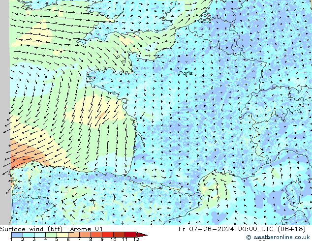 Wind 10 m (bft) Arome 01 vr 07.06.2024 00 UTC