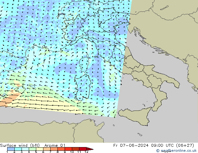 Vento 10 m (bft) Arome 01 ven 07.06.2024 09 UTC