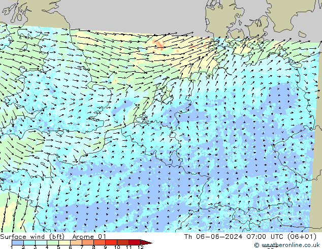 wiatr 10 m (bft) Arome 01 czw. 06.06.2024 07 UTC