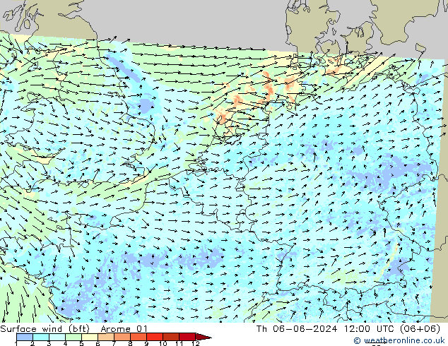 Wind 10 m (bft) Arome 01 do 06.06.2024 12 UTC