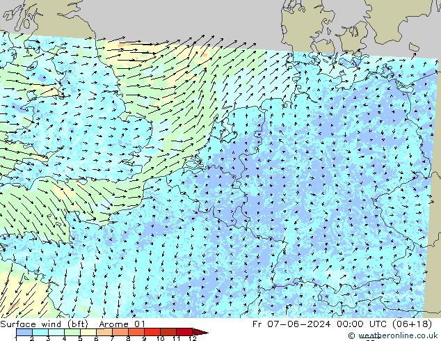 Surface wind (bft) Arome 01 Fr 07.06.2024 00 UTC