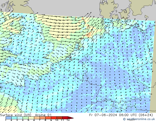 Rüzgar 10 m (bft) Arome 01 Cu 07.06.2024 06 UTC