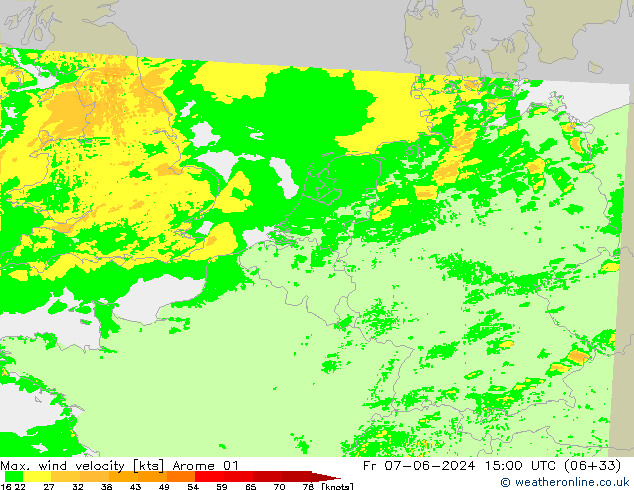 Max. wind velocity Arome 01 Pá 07.06.2024 15 UTC