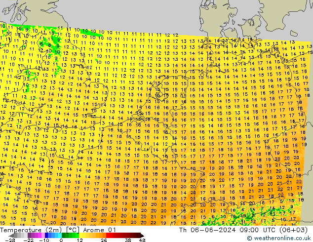 Temperatura (2m) Arome 01 jue 06.06.2024 09 UTC
