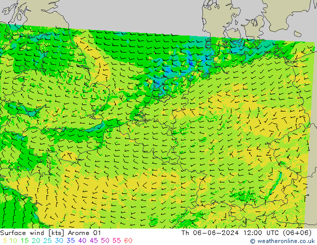 wiatr 10 m Arome 01 czw. 06.06.2024 12 UTC