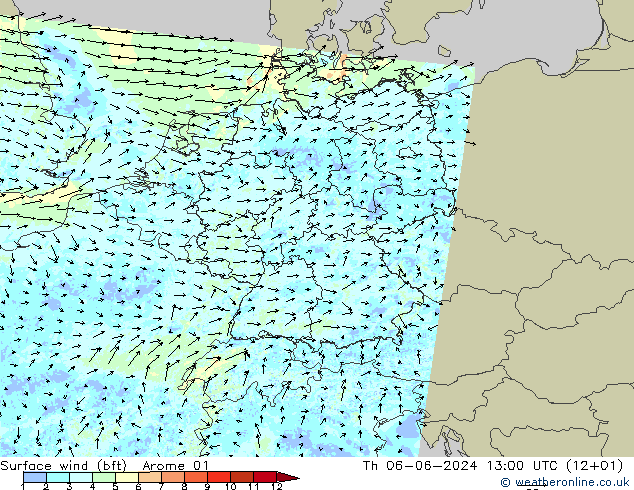 Bodenwind (bft) Arome 01 Do 06.06.2024 13 UTC