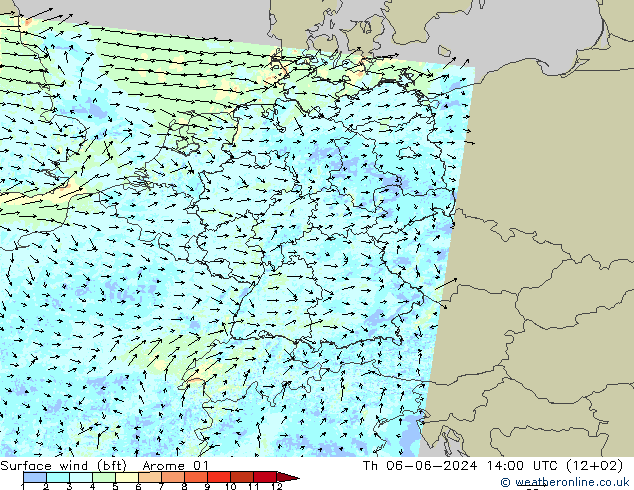 Surface wind (bft) Arome 01 Th 06.06.2024 14 UTC