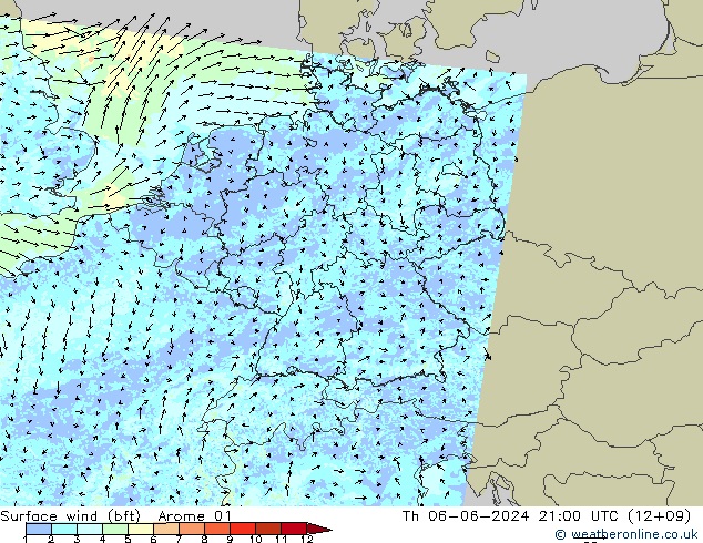 wiatr 10 m (bft) Arome 01 czw. 06.06.2024 21 UTC