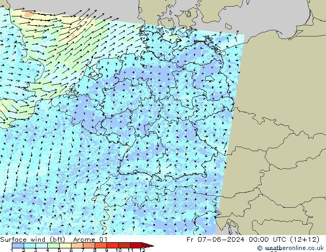 Wind 10 m (bft) Arome 01 vr 07.06.2024 00 UTC