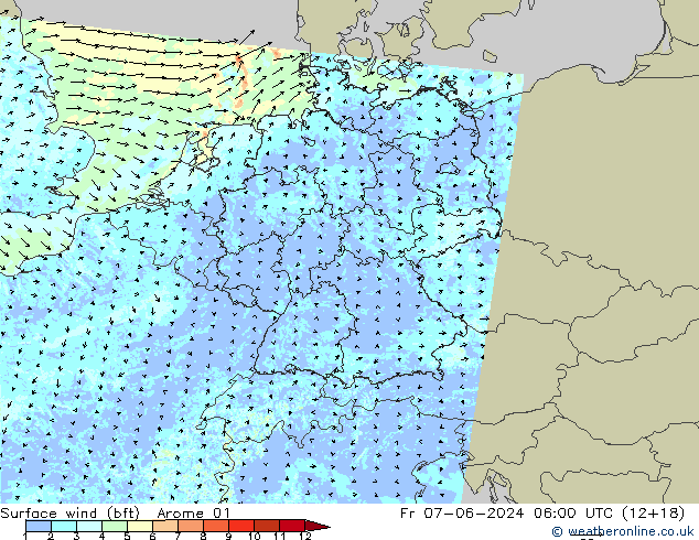 Vento 10 m (bft) Arome 01 ven 07.06.2024 06 UTC