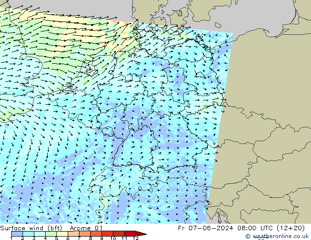 wiatr 10 m (bft) Arome 01 pt. 07.06.2024 08 UTC