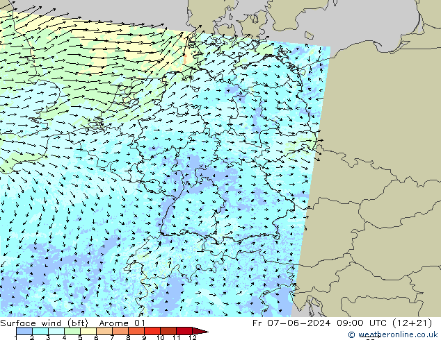 Vent 10 m (bft) Arome 01 ven 07.06.2024 09 UTC