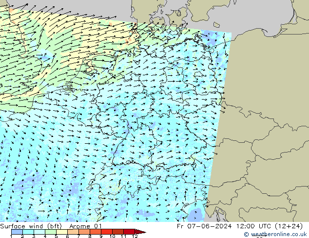 �N 10 米 (bft) Arome 01 星期五 07.06.2024 12 UTC