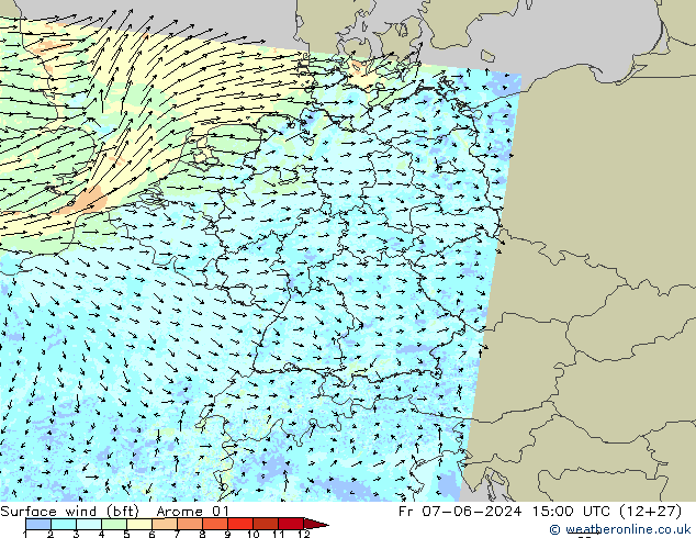 Surface wind (bft) Arome 01 Fr 07.06.2024 15 UTC