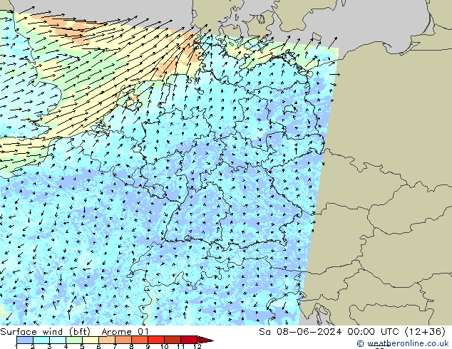 Wind 10 m (bft) Arome 01 za 08.06.2024 00 UTC