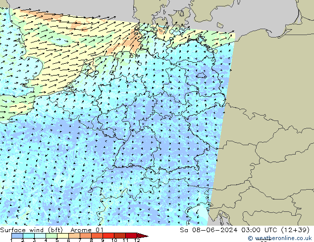 Surface wind (bft) Arome 01 Sa 08.06.2024 03 UTC