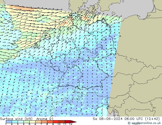 Wind 10 m (bft) Arome 01 za 08.06.2024 06 UTC