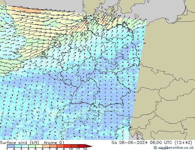 Surface wind (bft) Arome 01 So 08.06.2024 06 UTC