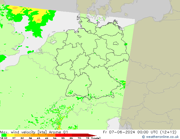 Max. wind velocity Arome 01 Pá 07.06.2024 00 UTC