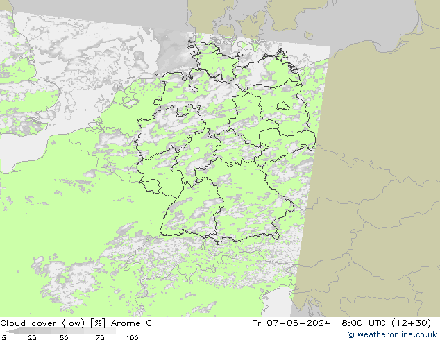 Cloud cover (low) Arome 01 Fr 07.06.2024 18 UTC