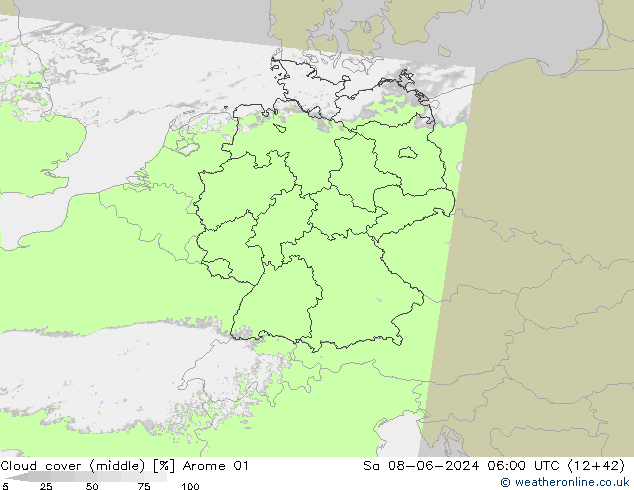 Cloud cover (middle) Arome 01 Sa 08.06.2024 06 UTC