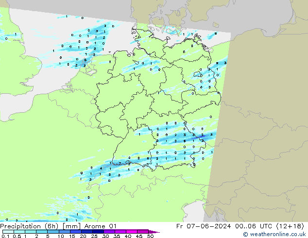 Totale neerslag (6h) Arome 01 vr 07.06.2024 06 UTC