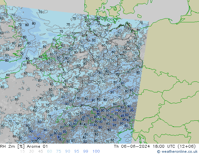 RH 2m Arome 01 Čt 06.06.2024 18 UTC