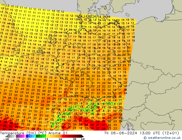 Temperatuurkaart (2m) Arome 01 do 06.06.2024 13 UTC