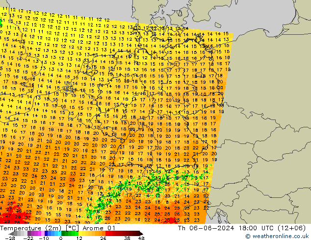 Temperature (2m) Arome 01 Th 06.06.2024 18 UTC