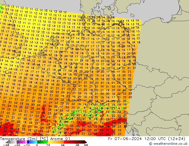 Temperature (2m) Arome 01 Fr 07.06.2024 12 UTC