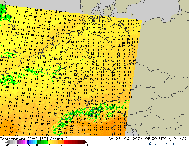 Temperaturkarte (2m) Arome 01 Sa 08.06.2024 06 UTC