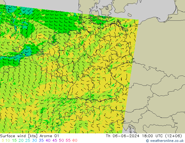 Surface wind Arome 01 Čt 06.06.2024 18 UTC